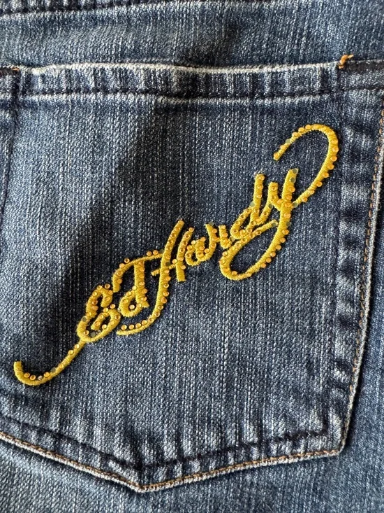 Vintage Ed Hardy Denim Mini Skirt sz 29 Y2K Love Kills Slowly Graphic Distressed - Picture 5 of 9